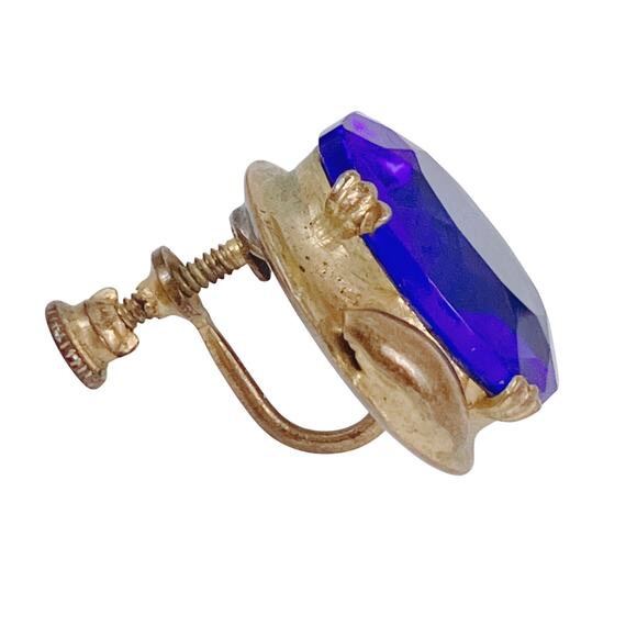 VTG 40s 50s Mid Century Gold Tone Screw Back Earrings Cobalt Blue Glass - Picture 9 of 16